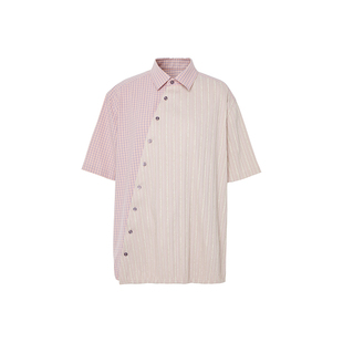 PIHO原创时尚设计款粉色格子条纹短袖衬衫宽松斜门襟通勤休闲上衣