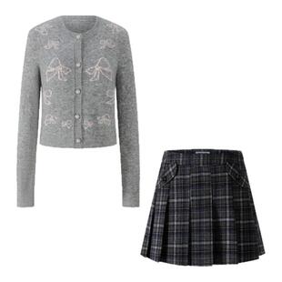 HERLIAN 2025秋冬新款蝴蝶结印花圆领针织开衫格子百褶短裙套装女