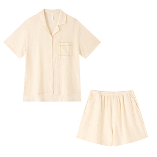 BE棉纱睡衣女款夏季双层纱情侣短袖短裤纯棉家居服男纱布a类夏天