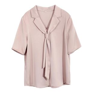 OFFIY-通勤百搭高级醋酸光泽感平驳领飘带短袖粉白色新款衬衫上衣