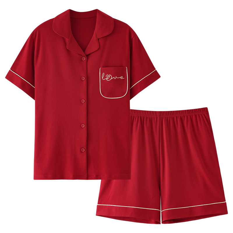 思馨坊情侣睡衣纯棉红色家居服夏