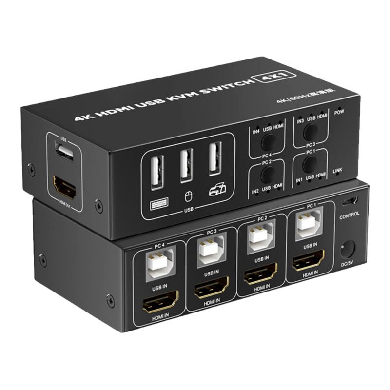 睿稳 KVM切换器2.0 HDMI切屏器键盘鼠标显示器4进1出4K/60Hz USB打印机共享器 四台电脑共享1台显示器