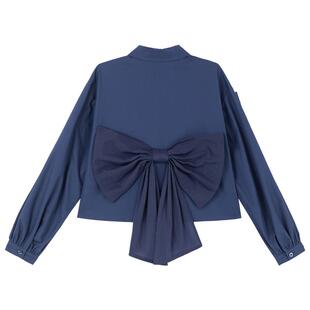 KEIKO 蝴蝶结少女girl 甜系蓝色短款长袖衬衫女26春夏灯笼袖上衣