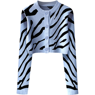 2025复古短款高腰露脐针织衫开衫女秋冬撞色斑马纹上衣圆领小外套