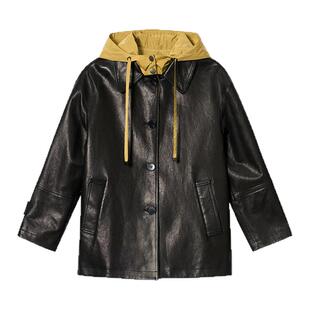 PSALTER诗篇植鞣羊皮革假两件撞色连帽宽松皮衣外套秋款