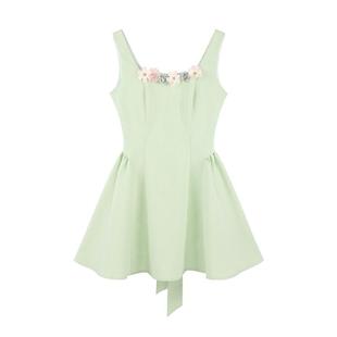 富家千金风绿色背带连衣裙女夏日绝美小裙蝴蝶结法式蓬蓬a字短裙