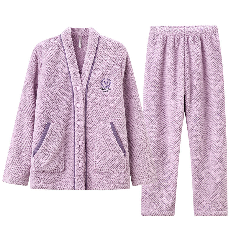 玛伦萨睡衣女款保暖加厚加绒抗静电秋冬V领开衫家居服套装女士