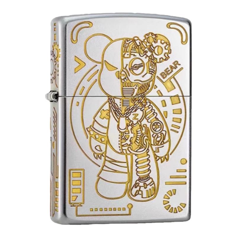 zippo打火机正版 潮玩暴力机械熊芝宝磨砂镀铬深雕防风创意送男友
