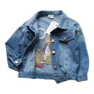 新款女童棉质水洗牛仔外套萌萌兔后背刺绣百搭中大童春秋夹克上衣