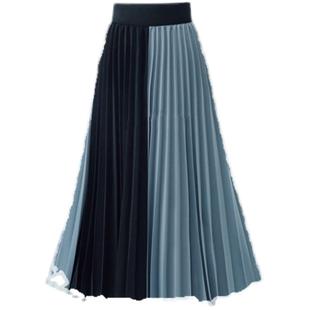 2025春秋高腰拼色百褶裙女大码中长款压褶显瘦a字裙时尚半身裙子