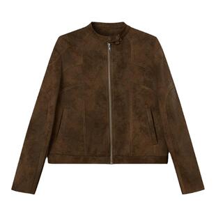 DIDDIMODA甜酷风撞色机车版型夹克皮衣压线拼接麂皮外套女高级感