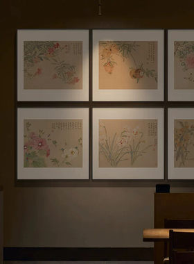 新中式酒店餐馆包间背景墙多联组合挂画高档客厅玄关餐厅花鸟挂画