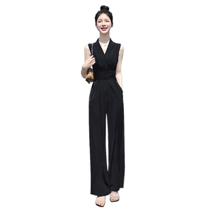 丝柏舍无袖连体裤2024夏装新款女通勤腰带收腰设计V领裁剪连体衣