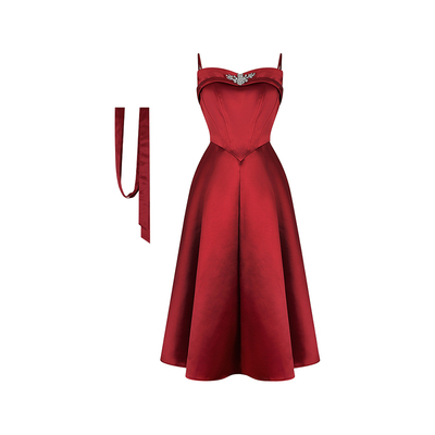 安妮不火 珠光缎面鱼骨腰镶钻领礼服裙女微胖大码收腰年会裙战袍