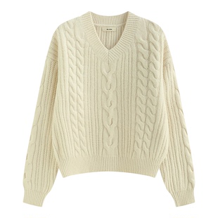 【清仓 2件5折 不退不换】松温柔慵懒风短款麻花长袖V领套头毛衣