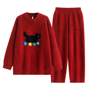 悦内半边绒睡衣女冬季秋冬款珊瑚绒保暖加厚加绒家居服红色本命年