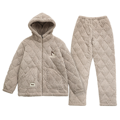 男士珊瑚绒三层加厚睡衣保暖套装