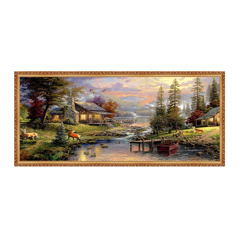 欧式古典山水聚宝盆风景油画客厅沙发背景墙大幅横版装饰画挂画