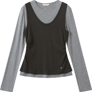 播灰色修身圆领T恤女秋冬显瘦气质长袖上衣DDS4YD5294