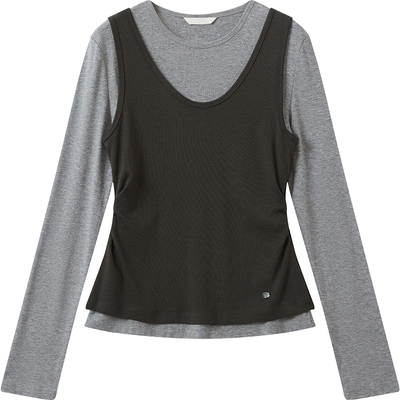 播灰色修身圆领T恤女秋冬显瘦气质长袖上衣DDS4YD5294