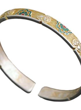 足银999珐琅花朵葫芦开口吉言手镯女2025民族风小众设计实心镯子