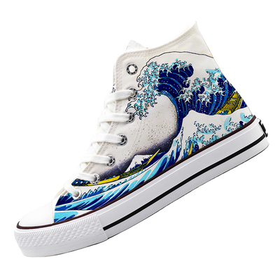 手绘海浪鲸帆布鞋涂鸦百搭浮世绘