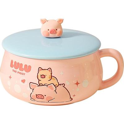 川岛屋&lulu猪带盖带手柄泡面碗