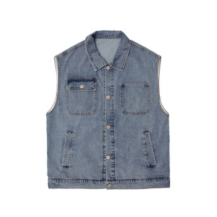 嘿马七作日系复古春秋款男女情侣休闲翻领无袖牛仔外套工装马甲潮