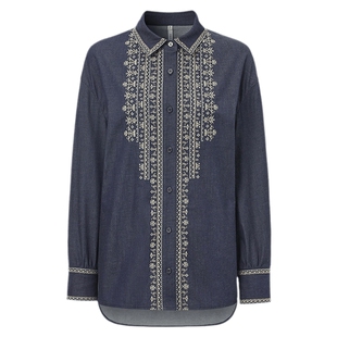 VGRASS维格娜丝春季新款复古学院风仿十字绣落肩袖轻牛仔衬衫上衣