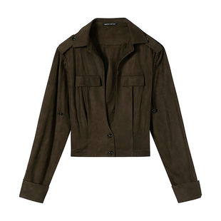 DIONYS*收腰深V猎装麂皮衬衫时髦感修身复古正肩短款上衣