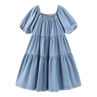 OLAMIMI定制 夏 亲子甜美清新多层次拼接泡泡袖休闲牛仔连衣裙