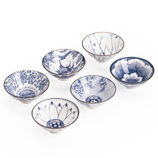 青花瓷功夫茶杯6只茶具套装陶瓷斗笠杯茶盏杯单杯盖碗茶碗主人杯