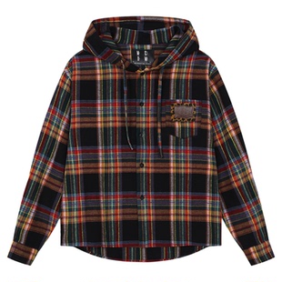 MEDM 磨毛亲肤休闲连帽抽绳格子衬衫美式复古撞色宽松情侣上衣男