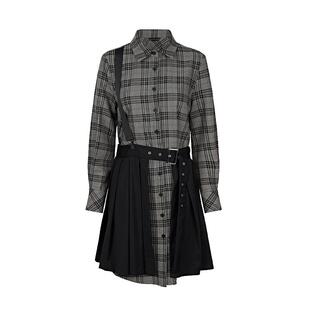 sdeer圣迪奥春秋装学院风翻领格纹拼接衬衫长袖连衣裙S21381201