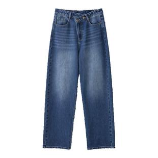RUISHI芮时 立体廓形腰部弧线收腰阔腿纯棉水洗蓝牛仔裤女春