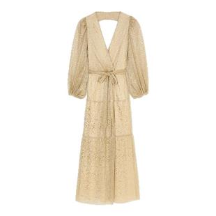 bash法式裹身露背灯笼长袖香槟金细闪礼服晚会连衣长裙女1E25CALA