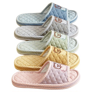 布艺情侣拖鞋女亲子春秋室内家居防滑加厚三层静音纯棉卡通地板拖