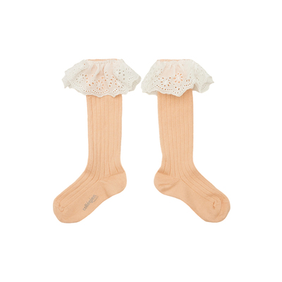 春夏女童镂空刺绣花边中筒袜