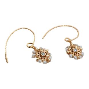 馨米娅小清新米粒天然淡水珍珠蕾丝花朵锆石耳环18k包金绕线耳饰