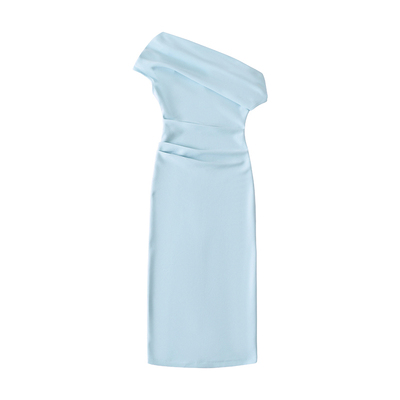 一字肩褶皱收腰包臀中长款连衣裙