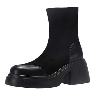 达芙妮绒面马丁靴女黑色袜靴秋冬2025新款厚底瘦瘦靴增高短靴靴子