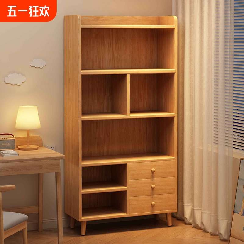 实木书架落地置物架一体靠墙柜子客厅展示柜家用学生简易书柜收纳