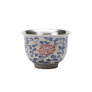 青花缠枝莲鎏银茶杯主人杯家用高档个人泡茶专用银器茶具品茗单杯