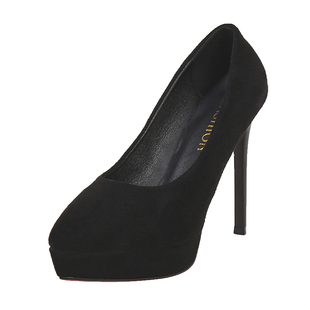 正装百搭绒面黑色防水台12CM职业高跟鞋性感红底浅口高跟鞋女