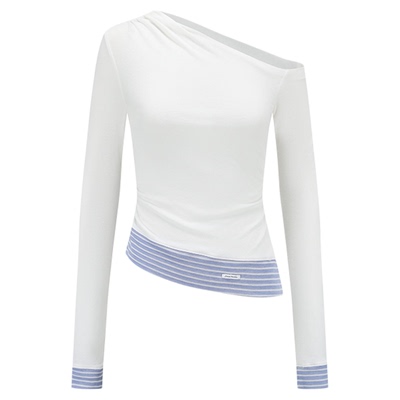 何蓝逗同款AlexiaSandra2025新款羊毛斜肩拼接条纹修身通勤风上衣