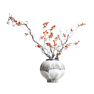 侘寂风简约禅意粗陶花瓶摆件玄关手绘大肚陶罐中式干支插花装饰品