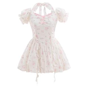 森女部落原创法式甜美风泡泡袖挂脖粉色蓬蓬裙碎花连衣裙女2025夏