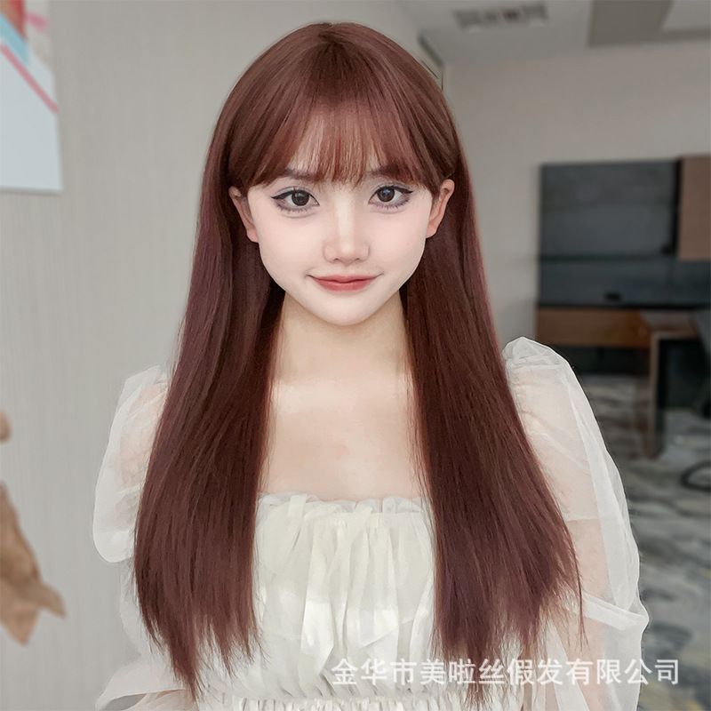 跨境热销假发女长发全头套式自然仿真长直发空气刘海粉棕色假发套