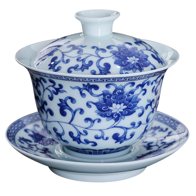 青花瓷可悬停三才盖碗茶碗茶杯陶盖碗