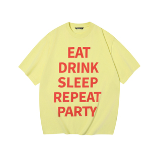 TGNS吃喝睡印花黄色t恤男夏季宽松重磅情侣装短袖街头小众半袖女
